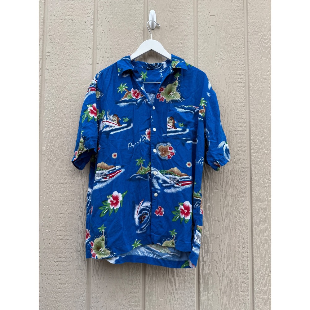 Looney Tunes L Hawaiian Shirt Bugs Bunny Taz Surfing Tropical Blue Rayon